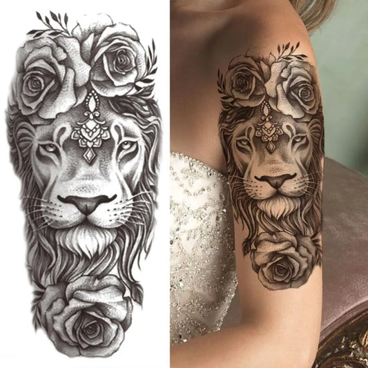 Floral Lioness Portrait Sleeve temporary tattoo — Yuka Ink