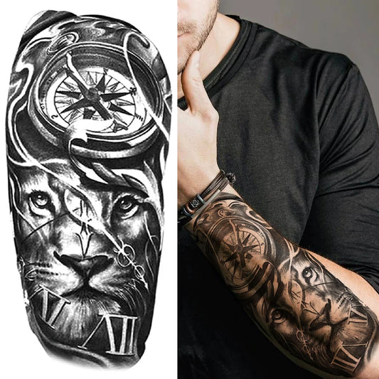 Lion Clock Compass Sleeve temporary tattoo — Yuka Ink