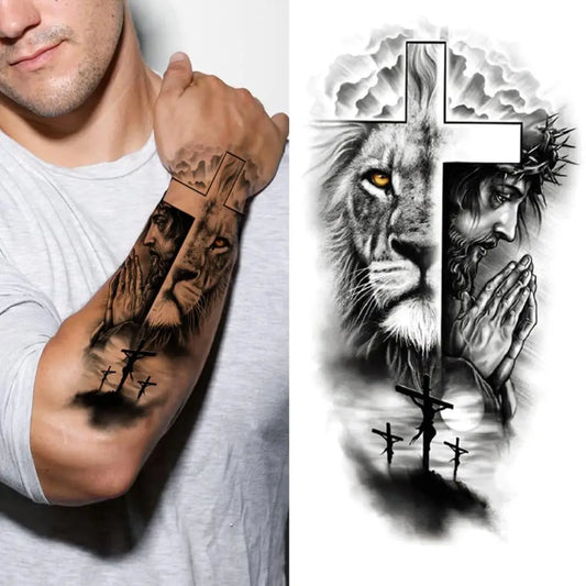 Lion Faith Cross Sleeve temporary tattoo — Yuka Ink