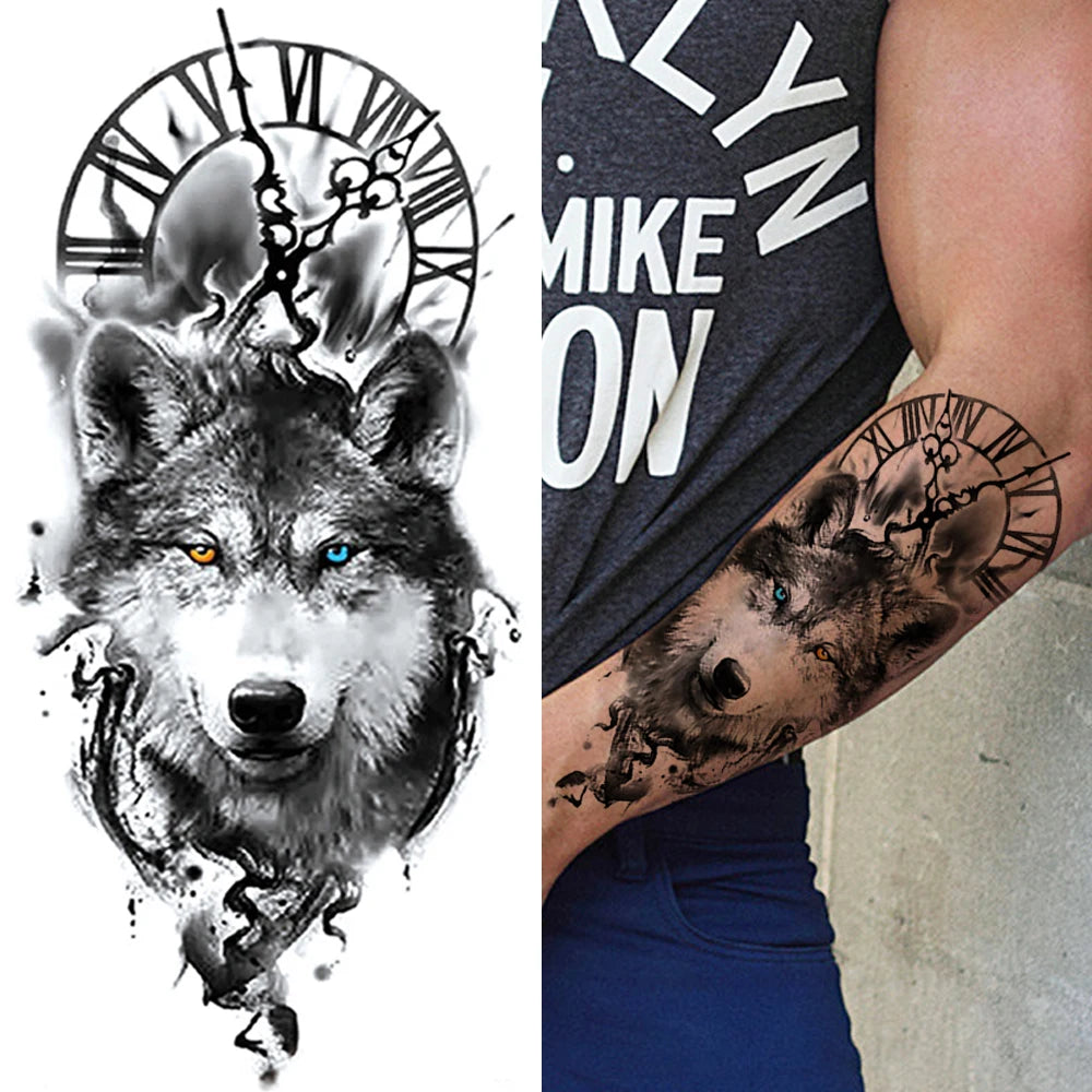 Wolf Moon Clock Sleeve temporary tattoo — Yuka Ink