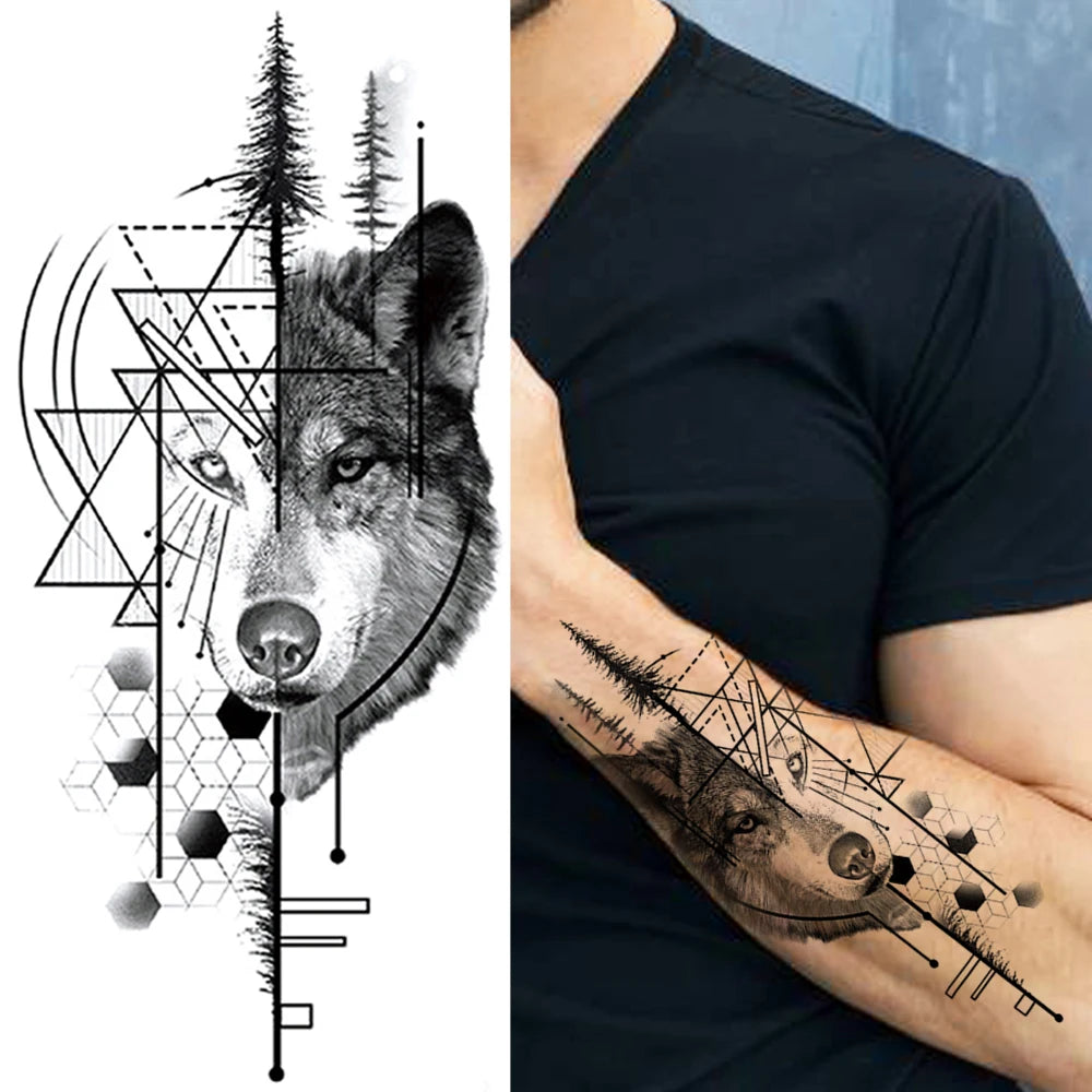 Geometric Forest Wolf Sleeve temporary tattoo — Yuka Ink